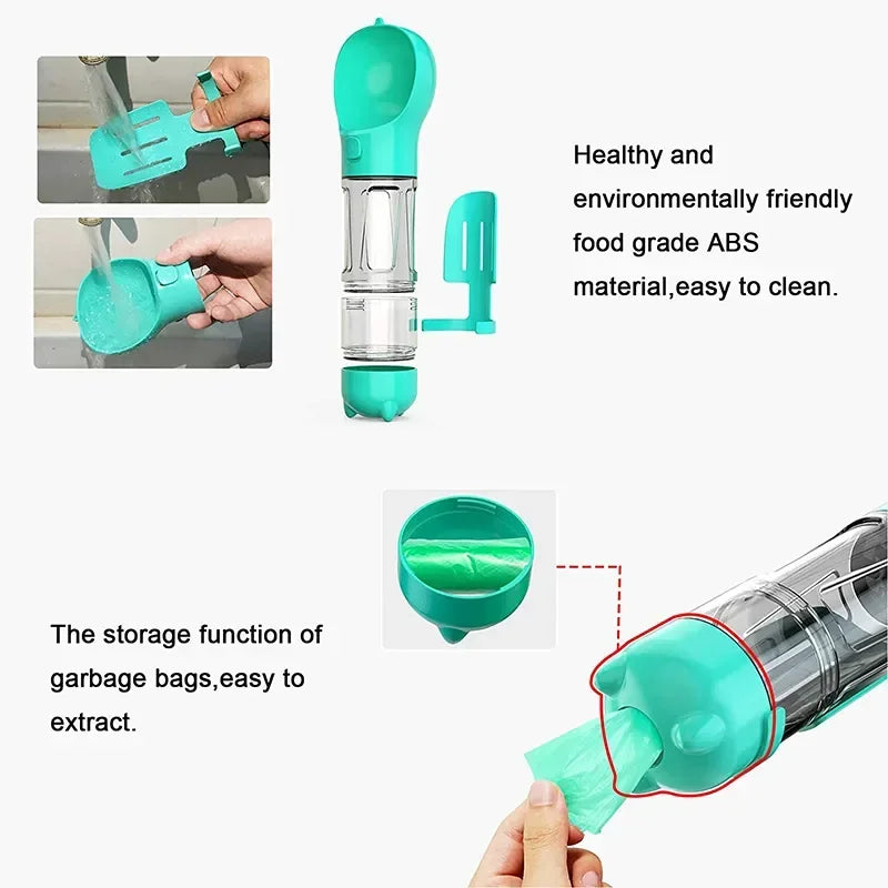 3-in-1 Portable Pet Water Bottle, Food Feeder & Poop Bag Dispenser – Leak-Proof Travel Bottle for Dogs & Cats