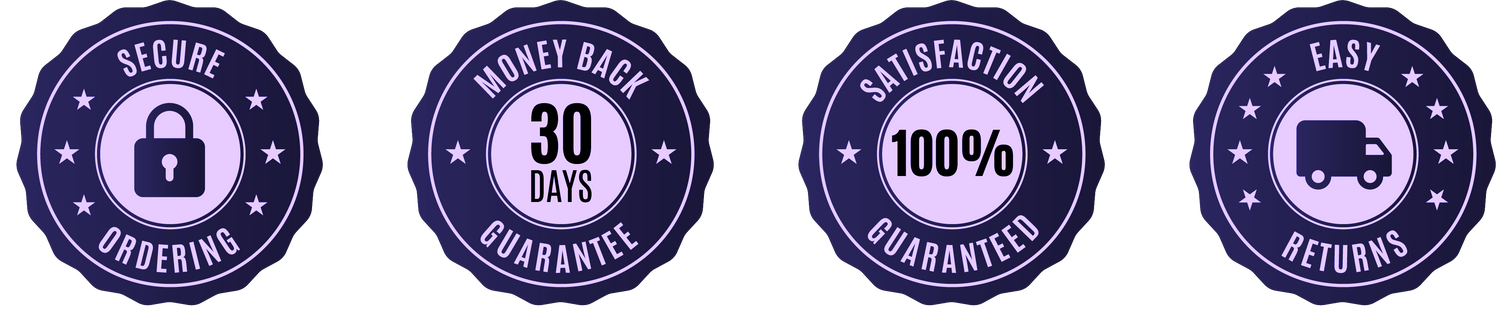 Set of four purple quality assurance seals with text on a white background